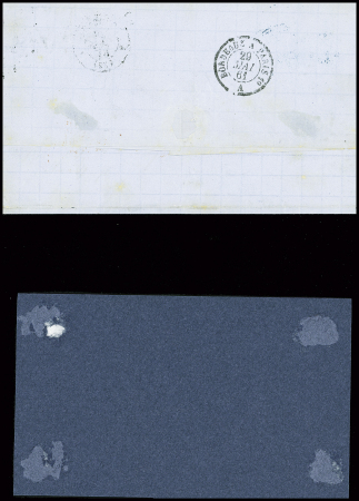 4 lettres : n°16 en paire obl. PC 441 + T15 "A Bordeaux A" (1861) sur lettre pour Vera-Cruz. N°14 obl. PC 616 + T15 "Carignan (7)" (1856)
