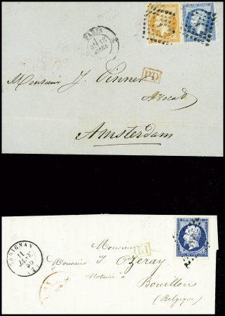 4 lettres : n°16 en paire obl. PC 441 + T15 "A Bordeaux A" (1861) sur lettre pour Vera-Cruz. N°14 obl. PC 616 + T15 "Carignan (7)" (1856)