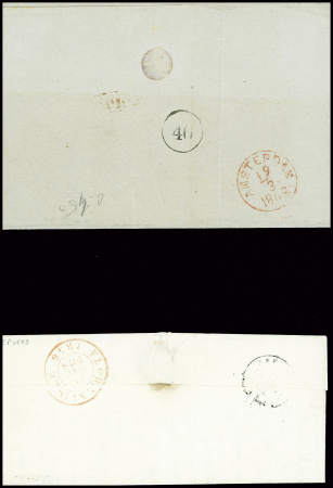 4 lettres : n°16 en paire obl. PC 441 + T15 "A Bordeaux A" (1861) sur lettre pour Vera-Cruz. N°14 obl. PC 616 + T15 "Carignan (7)" (1856)