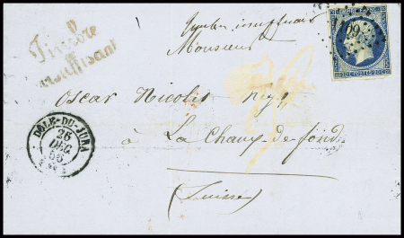 N°14 obl. PC 1109 + T15 Dole du Jura (1856) sur lettre avec griffe rouge façon cursive "Timbre insuffisant" sur lettre. TB
