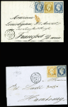 2 lettres : n°13 + 14, 2 pièces, obl. Rouleau de points sur lettre pour Paris (1855) pour Francfort sur le Mein et n°14 + 16 obl. Losange de points "DS3"