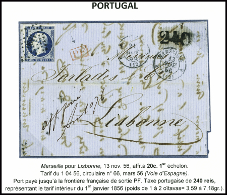 N°14 obl. PC 1896 + T15 Marseille (1856) sur lettre pour le Portugal avec griffe rouge encadrée "PF" (payé jusqu'à la frontière). TB