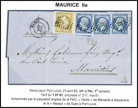 N°13 + n°14, 3 pièces, obl. PC 2217 + T15 Nancy sur lettre pour Port Louis. Bonne destination. TB