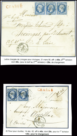 2 lettres chargées: n°14 en paire obl. PC 3065 + T15 St Flour (1862) et n°14 en bande de 3 obl. PC 1730 + T15 Limoges (1858). TB