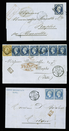 3 lettres pour les états italiens dont n°13 + 14, bande de 6 obl. Losange de points "E" + CAD "E Paris E" (1860) sur lettre pour Naples. TB