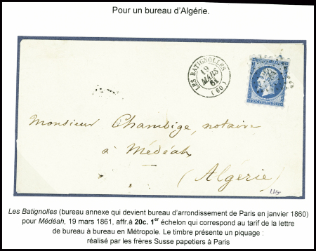N°14 piquage Susse obl. PC 285 + T15 Les Batignolles (1861) sur lettre pour Médéah (Algérie)