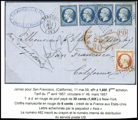 N°14, 4 pièces, obl. PC 1572 + T15 Jarnac (1859) sur lettre du 2ème échelon de poids pour San Francisco. TB