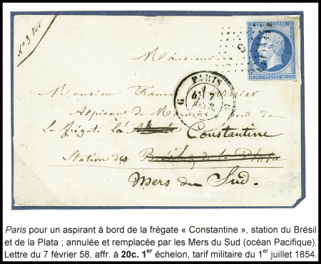 N°14 obl. Losange de points "G" + CAD "G Paris G" (1858) sur lettre pour un marin de la station des mers du Sud (Océan Pacifique). TB
