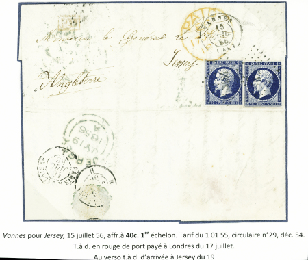 N°14, 2 pièces, obl. PC 3484 + T15 Vannes (1856) sur lettre pour Jersey avec CAD d'arrivée au verso. TB