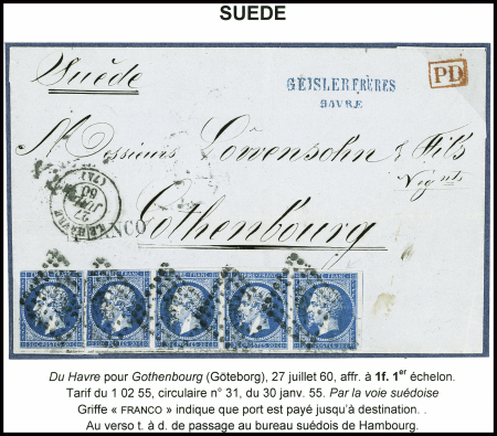 N°14, bande de 5, obl. PC 1495 + T15 Le Havre (1860) sur lettre pour Goteborg (Suède). TB