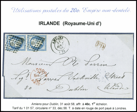 N°14, paire verticale, obl. PC 65 + T15 Amiens (1858)
