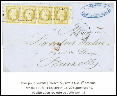 N°13, bande de 3 + 1 pièce obl. Roulette de pointillés sur lettre de Paris (1856) pour Bruxelles. TB