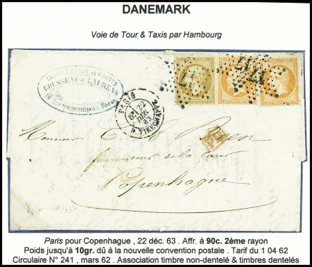 N°13 + 23, 2 pièces, obl. Étoile 17 + CAD "Paris R. Tirechappe" (1863) sur lettre pour Copenhague (Danemark). TB