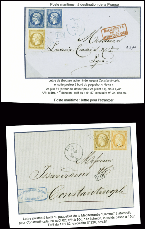 N°13 + 16 obl. Ancre + CAD "Carmel" (1862) sur lettre de Marseille pour Constantinople et n°13 + 16, 2 pièces obl. Ancre bleue + CAD bleue 'NEVA' (1861)