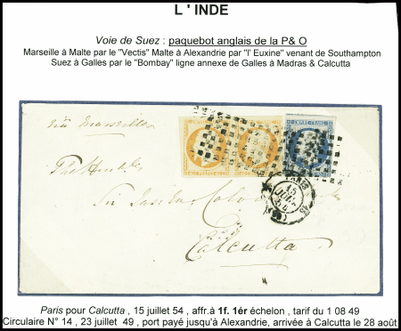 N°13 + 16 en paire obl. Rouleau de gros points + CAD "3e Paris 15 (60)" (1854) sur lettre pour Calcutta. TB