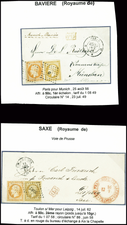 2 lettres : n°13 + 16 obl. Losange de points "D" + CAD "D Paris D" (1856) pour Munich et n°13 + 16 obl PC 3382 + T15 Toulon-s-Mer (1862 pour Leipzig) 
