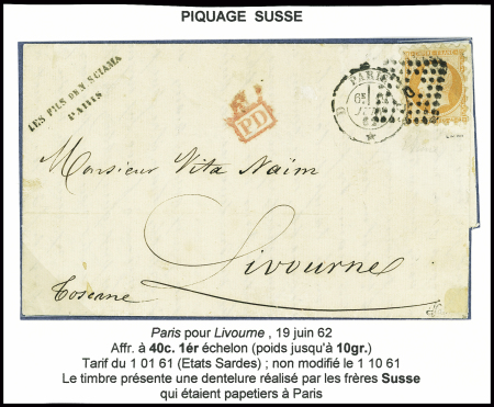 N°16, piquage Susse obl losange de points "D" + CAD "D Paris D" (19 juin 62) sur lettre pour Livourne (Toscane). TB