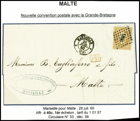 N°16 obl PC 1896 + T15 "4 Marseille 4 (12)" (1860) sur lettre pour Malte. TB