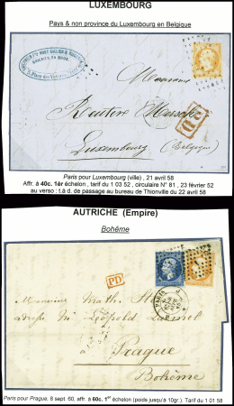 3 lettres : n°16 obl rouleau de gros points sur lettre de Paris pour Luxembourg (1858), n°16 obl. Étoile muette + CAD "(J) Paris (J) 60" (1862)