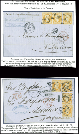 N°16, 4 pièces, obl. Losange de points "D" + CAD "D Paris D" (1857) sur lettre pour Medellin (Nouvelle Grenade) et n°16, 3 pièces, obl. Losange de points