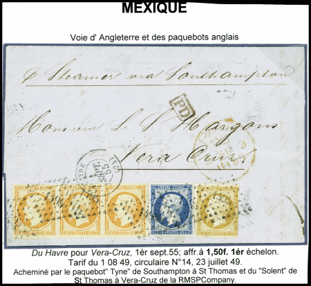 N°13 + 14 + 16 en bande de 3 obl. PC 1495 + T15 Le Havre (1855) sur lettre pour Vera-Cruz (Mexique). TB