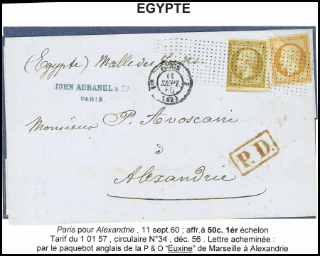 N°13 + +16 obl. Roulette de pointillés + CAD "1er Paris 2 (60)" (1860) sur lettre pour Alexandrie (Egypte). TB