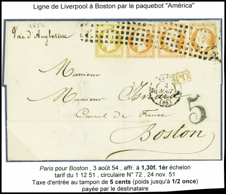 N°13 + 6 en bande de 3 obl. Rouleau de gros points + CAD "2e Paris 15 (60)" (1854) sur lettre pour Boston par le paquebot "Boston". TB
