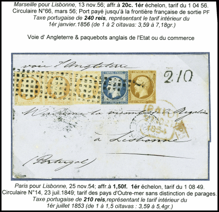 N°13 + 14 + +16 en bande de 3 obl. Rouleau de gros points + CAD "2e Paris 15 (60)" sur lettre pour Lisbonne. TB