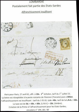 2 lettres : n+14 + 16 en paire obl. Losange de points "DS" + CAD "(DS2) Paris (DS2) 60" (1854) sur lettre pour Harbourg (Hanovre) et n°13 obl. Losange