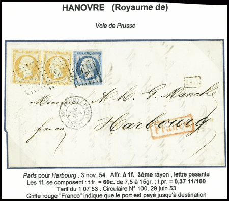 2 lettres : n+14 + 16 en paire obl. Losange de points "DS" + CAD "(DS2) Paris (DS2) 60" (1854) sur lettre pour Harbourg (Hanovre) et n°13 obl. Losange