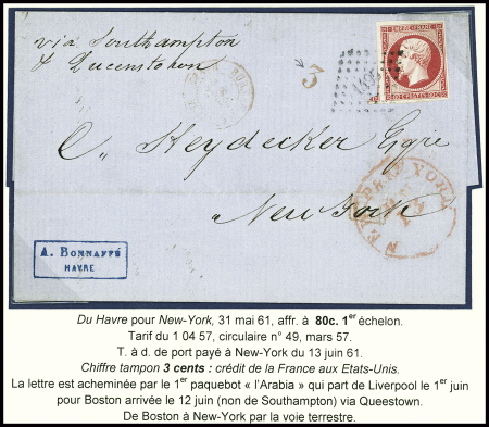 N°17, 80c rose, obl. PC 1495 sur lettre du Havre pour New-York transporté par le paquebot Arabia. TB