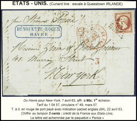N°17 obl. GC 1769 + T15 "Le Havre (74)" (1863) sur lettre du 1er échelon acheminée par le paquebot Persia. TB