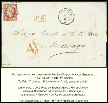 N°17 obl. Ancre + CAD octogonal à cercle intérieur "Montevideo *" (1866) sur lettre pour Malaga avec "PP" encadré rouge (Salles n°1060), ind 19. TB