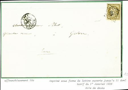 N°1, 10c bistre-jaune, obl. PC 332 + T15 "Beauvais (58)" (1853) sur imprimé d'avis de décès (tarif du 1.1.1828). Sup