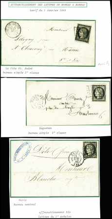 3 lettres AFF n°3 obl. Grille + T15 "La Côte St André (37)" (25 aout 49) + T15 "Haguenau (67)" (19 avril 50) + T15 "Paris (60)" (21 mai 49), sup