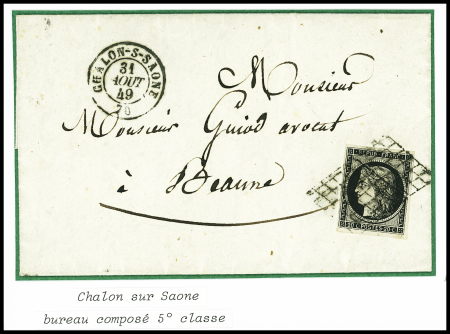 N°3 obl. Grille frappée 2 fois + T15 Chalon-s-Saone 70 (31 aout 49) sur lettre pour Beaune, sup.