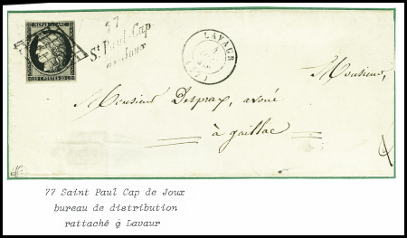 N°3 obl. Grille + cursive "77 St Paul Cap de Joux" + T15 Lavaur (4 dec 49) sur lettre pour Gaillac, sup