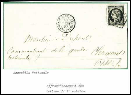 N°3 obl. Grille + T15 "Assemblée nationale postes" (16 fev 49) sur lettre pour Clermont-de-l'Oise. Sup