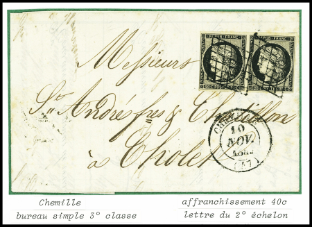 N°3 en paire obl. Grille + T14 "Chemillé (47)" (1849) sur lettre du 2e échelon pour Cholet, ind 22+, sup