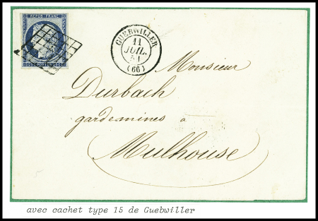 N°4, 20c bleu, obl. Grille + T15 "Guebwiller (66)" (1851) sur lettre pour Mulhouse, sup