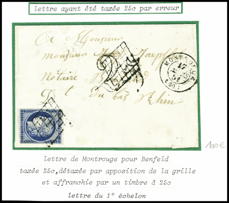 N°4 obl. Grille + T15 "Montrouge (60)" (17 mars 51) + taxe 25 double-trait annulée par une grille, sur lettre pour Benfeld, rare et sup
