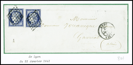 N°4, 2 pièces, obl. Grille + T15 Lyon (22 janv 51) + taxe 25 double-trait annulée par une grille, sur lettre pour Gannat (Allier). TB