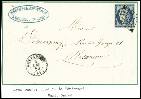 N°4, 2 pièces, obl. Grille + T15 "Héricourt (69)" (5 dec 1850) sur lettre, sup