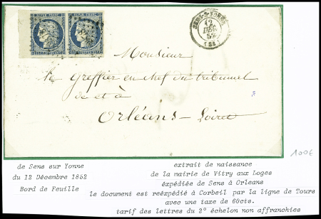N°4 en paire avec BDF à gauche obl. PC 2878 + T15 "Sens-s-Yonne (83)" (1852) sur lettre réexpédiée à Corbeil par la ligne de Tours avec une taxe 60c