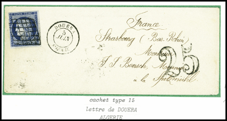 N°4 obl grille + T15 "Douera Algérie" (1851) + taxe 25 double-trait sur lettre pour Strasbourg, ind 22. TB