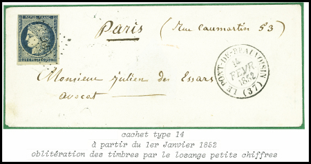 N°4 obl. PC 2497 + T14 "Pont de Beauvoisin (37)" (1852) sur lettre, sup