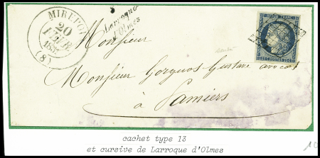 N°4 obl. Grille + T13 "Mirepoix (8)" (1851) + cursive "8 Larroque d'Olmes" sur lettre pour Pamiers, ind 19, traces d'humidité sinon TB