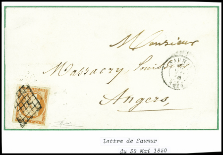 N°5 obl. Grille + T15 "Saumur (47)" (30 mai 1850) sur lettre du 2ème échelon de poids pour Angers. RR et sup, signé Goebel