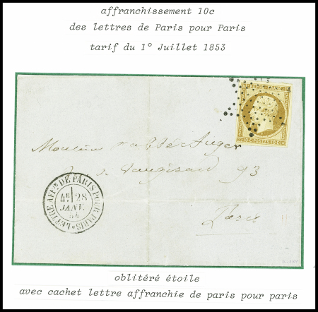N°9, 10c bistre, obl. Étoile muette + CAD "Lettre AFFie, de Paris pour Paris" (1854) sur lettre, sup