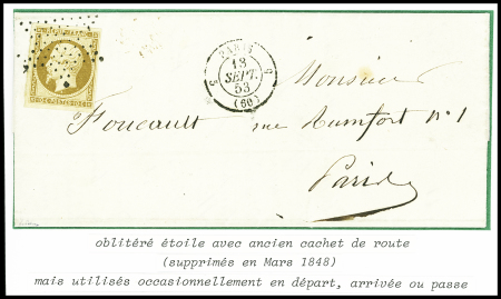 N°9, 10c bistre, obl. Étoile muette + CAD "5 Paris 5 (60)" (1853) (ancien CAD de route utilisé occasionnellement en départ) sur lettre, sup